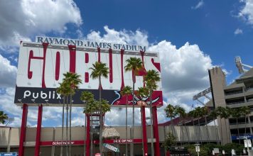 A 'Go Bucs' sign outside Tampa Bay Buccaneers' Raymond James Stadium
