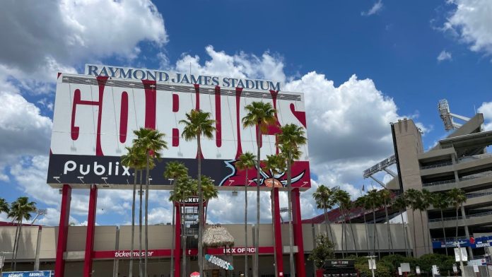 A 'Go Bucs' sign outside Tampa Bay Buccaneers' Raymond James Stadium