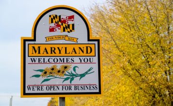 A sign welcoming visitors to Maryland