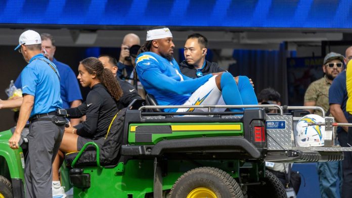 FanDuel-and-ESPN-Bet-latest-sportsbooks-to-add-NFL-injury-refund-measures LA Chargers wide receiver Quentin Johnston being carted off injured during an NFL preseason football game against the LA Rams at SoFi Stadium, Aug. 16, 2025.