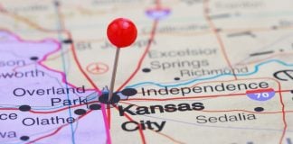 Kansas debates sports betting changes with Missouri shadow looming A pin in Kansas City on a map illustrating the border between Kansas and Missouri