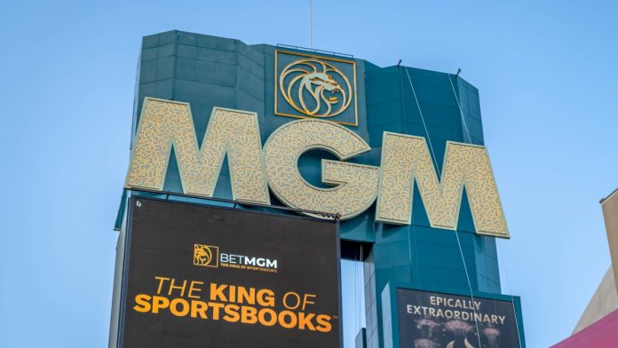 Signs for MGM Resorts International and BetMGM outside the MGM Grans in Las Vegas