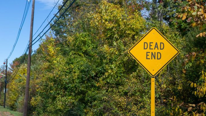 A Dead End road sign in front of a background of trees