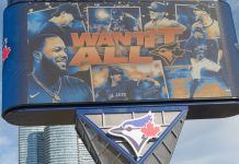 A billboard promoting the Toronto Blue Jays outside the Rogers Centre