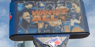 A billboard promoting the Toronto Blue Jays outside the Rogers Centre