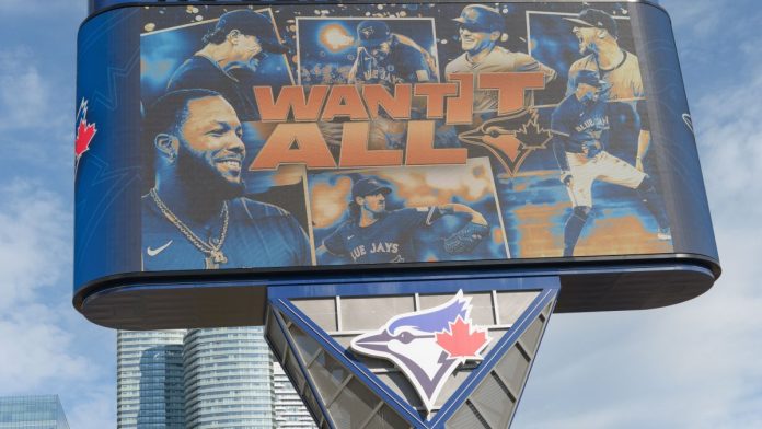A billboard promoting the Toronto Blue Jays outside the Rogers Centre