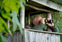 A man in a hideout looking at something through binoculars