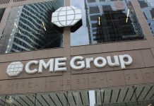 The sign and logo of CME Group's Chicago Mercantile Exchange in Chicago