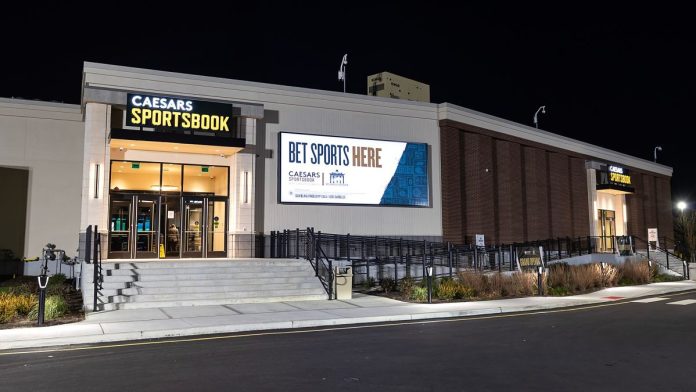 Caesars-opens-16,000-sq.-ft.-sportsbook-at-Monmouth-Park An exterior shot of the new standalone Caesars Sportsbook at Monmouth Park racetrack in New Jersey
