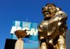 The MGM lion in front of the MGM Resorts logo on a building in Las Vegas, Nevada