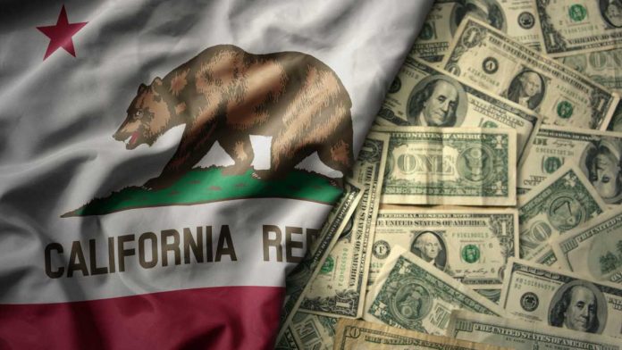California flag contrasted with money