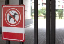 A sign showing that no dogs are allowed on the bars of a gate