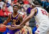 A Louisiana State University basketball player during an NCAA game