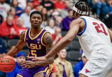 A Louisiana State University basketball player during an NCAA game