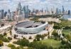 An aerial view of Soldier Field, home to the Chicago Bears, looking towards the Chicago skyline in Illinois