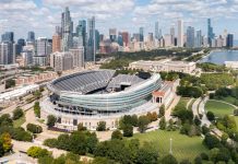 An aerial view of Soldier Field, home to the Chicago Bears, looking towards the Chicago skyline in Illinois