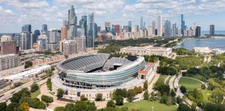 An aerial view of Soldier Field, home to the Chicago Bears, looking towards the Chicago skyline in Illinois