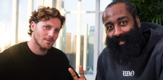 MyPrize CEO with James Harden, who signed a deal with the social casino company.