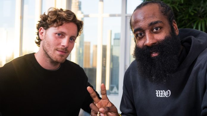 MyPrize CEO with James Harden, who signed a deal with the social casino company.
