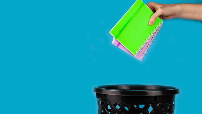 Prediction-Markets-Gaming-Media-Impact Notebooks being thrown in trash