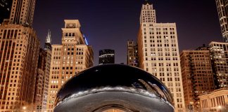 Chicago Bean sculpture and night skyline