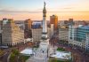 An aerial view of Indiana State Soldiers and Sailors Monument in Indianapolis