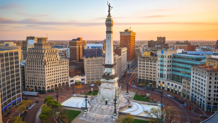 Indiana-still-wants-to-ban-sweepstakes,-but-would-no-longer-criminalize-them An aerial view of Indiana State Soldiers and Sailors Monument in Indianapolis