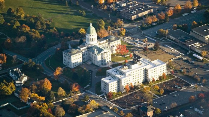 Aerial view of the State House in Augusta, Maine