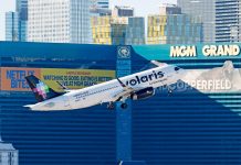 A plane takes off from Harry Reid International Airport in Las Vegas, Nevada