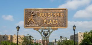 A sign for Lou Gehrig Plaza outside Yankee Stadium in New York