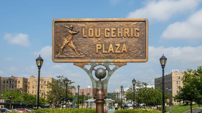 New-York-legislator-takes-swing-at-banning-in-play-betting A sign for Lou Gehrig Plaza outside Yankee Stadium in New York