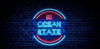 A neon Rhode Island Ocean State sign