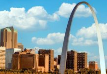The Gateway Arch in St. Louis, Missouri against a blue sky
