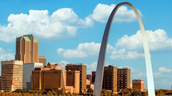 St.-Louis-Blues-sign-BetMGM-as-newest-betting-partner The Gateway Arch in St. Louis, Missouri against a blue sky