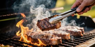 A person grilling steaks over a high flame
