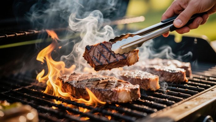 A person grilling steaks over a high flame