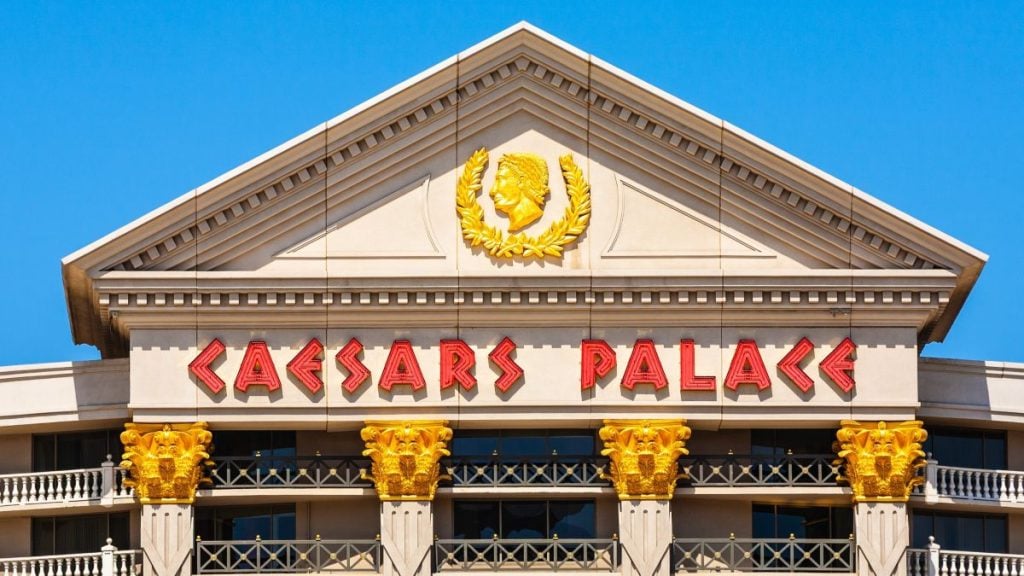 A close-up view of the front of Caesars Palace casino in Las Vegas