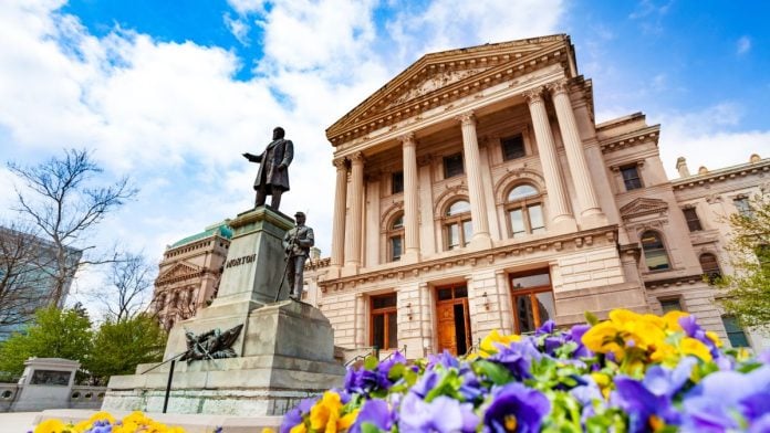 A statue in front of the Indiana Statehouse in Indianapolis