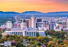 The skyline of Salt Lake City with the Utah State Capitol building in the foreground