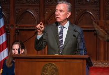 Connecticut Gov. Ned Lamont speaks as he introduces an age-limit bill for prediction markets.