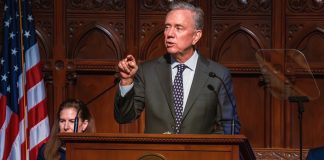 Connecticut Gov. Ned Lamont speaks as he introduces an age-limit bill for prediction markets.
