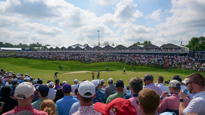 PGA-Tour-and-ESPN-vastly-expand-live-betting-streams-with-DraftKings A crowd watching the 2024 PGA Championship at Valhalla Golf Club in Louisville, Kentucky