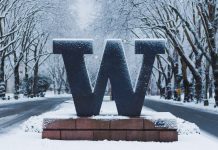 A large W sign for the University of Washington in the snow