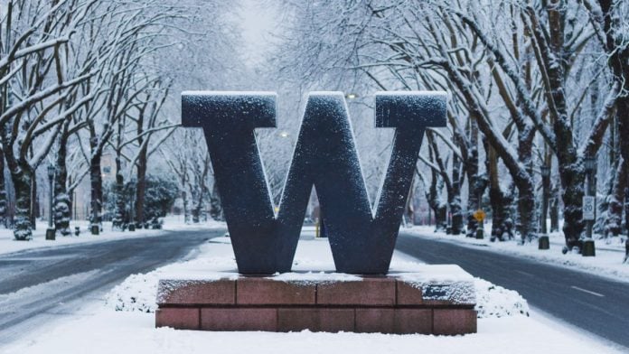 Washington-Senate-approves-bill-to-allow-betting-on-in-state-college-teams A large W sign for the University of Washington in the snow