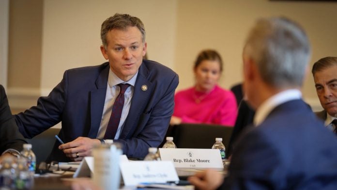 Rep. Blake Moore who introduced a new prediction market bill with Rep. Salud Carbajal.