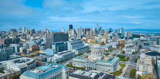 Aerial view of San Francisco government and court buildings