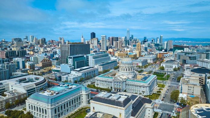 California-cardrooms-sue-to-block-new-table-games-rules Aerial view of San Francisco government and court buildings