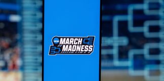 The trademarked March Madness phrase and logo on a phone screen
