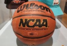 An NCAA basketball used during March Madness