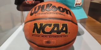 An NCAA basketball used during March Madness